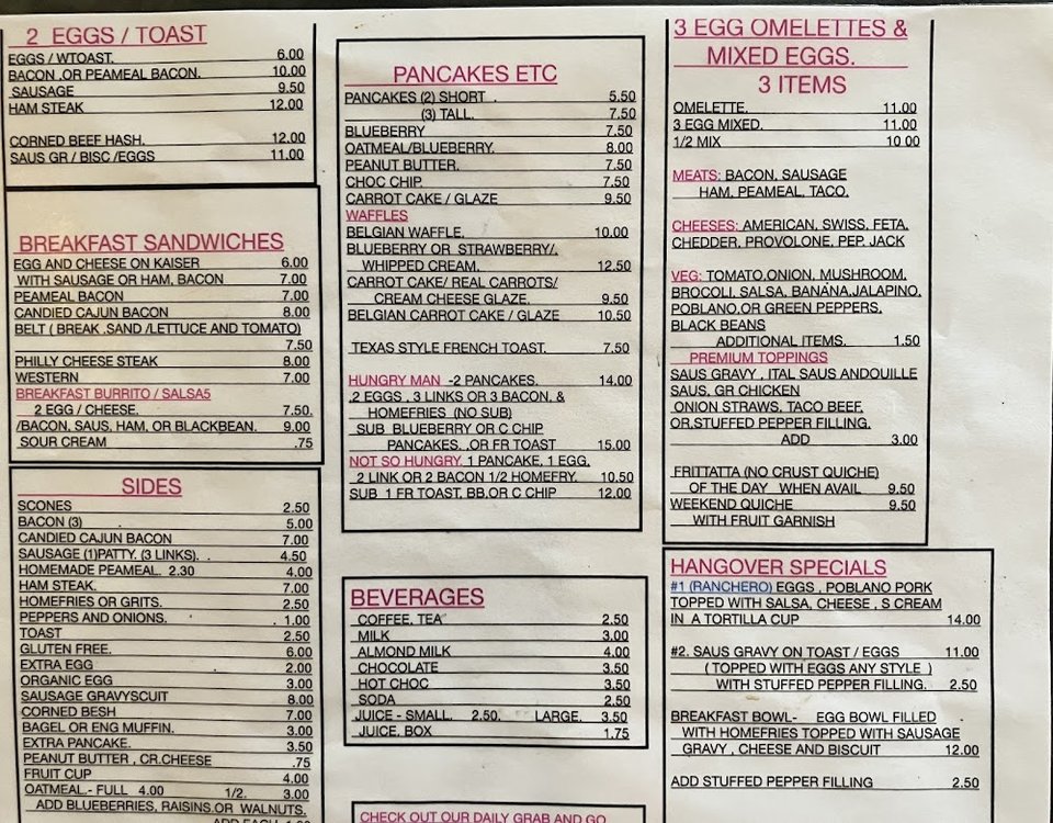 Printed menu with breakfast and lunch sections.