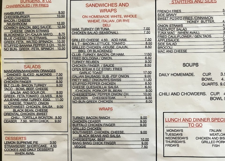 Restaurant menu featuring burgers and homemade sides.